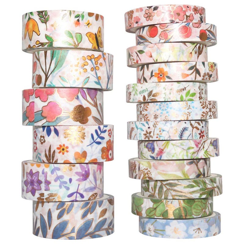 YUBBAEX Floral Gold Washi Tape Set VSCO Foil Masking Tape Decorative for Arts, DIY Crafts, Journal Supplies, Planners, Scrapbook, Card/Gift Wrapping -8/15mm- (Blooming 18 Rolls) - Image 1